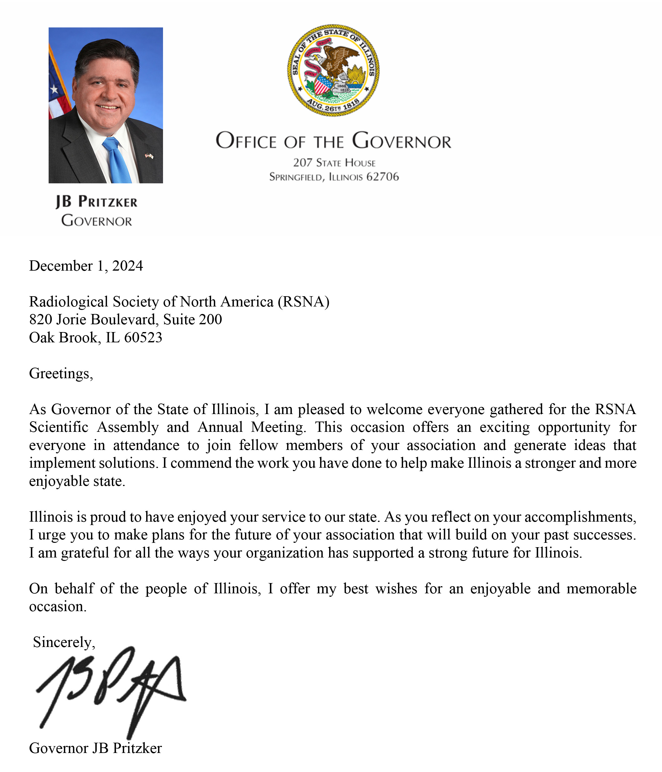 Letter from Illinois' Governor Pritzker