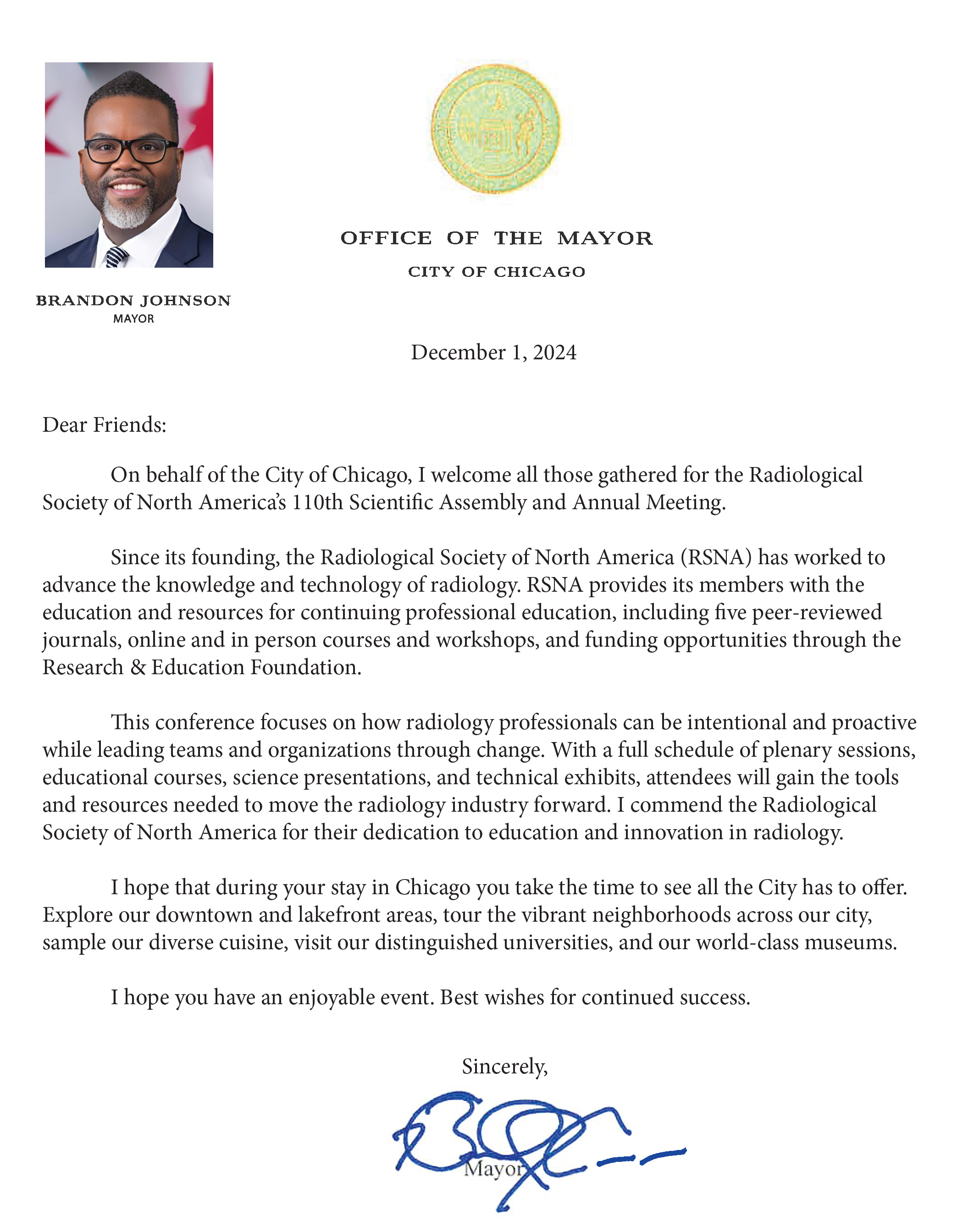 Letter from Chicago's Mayor Brandon Johnson.